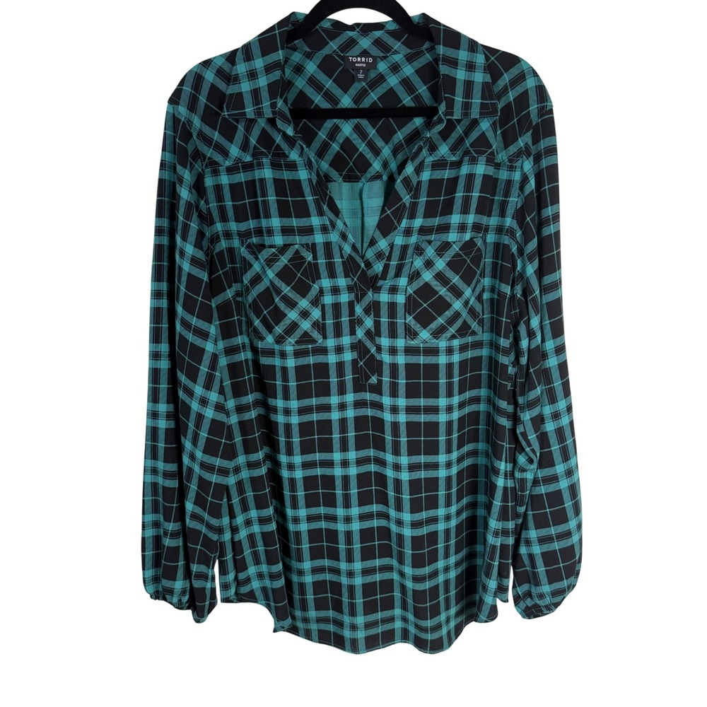 Torrid Harper Plaid Teal V-Neck Blouse | Officecore Grunge Plus Size 2